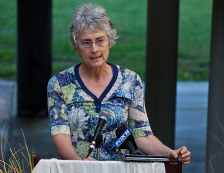 Grand Isle Louisiana, April 20th 2012, Riki Ott, at a memorial for the eleven men who died when the Deep Water Horizon rig blew up on the two year anniversary of the BP oil spill. ©2012 Julie Dermansky