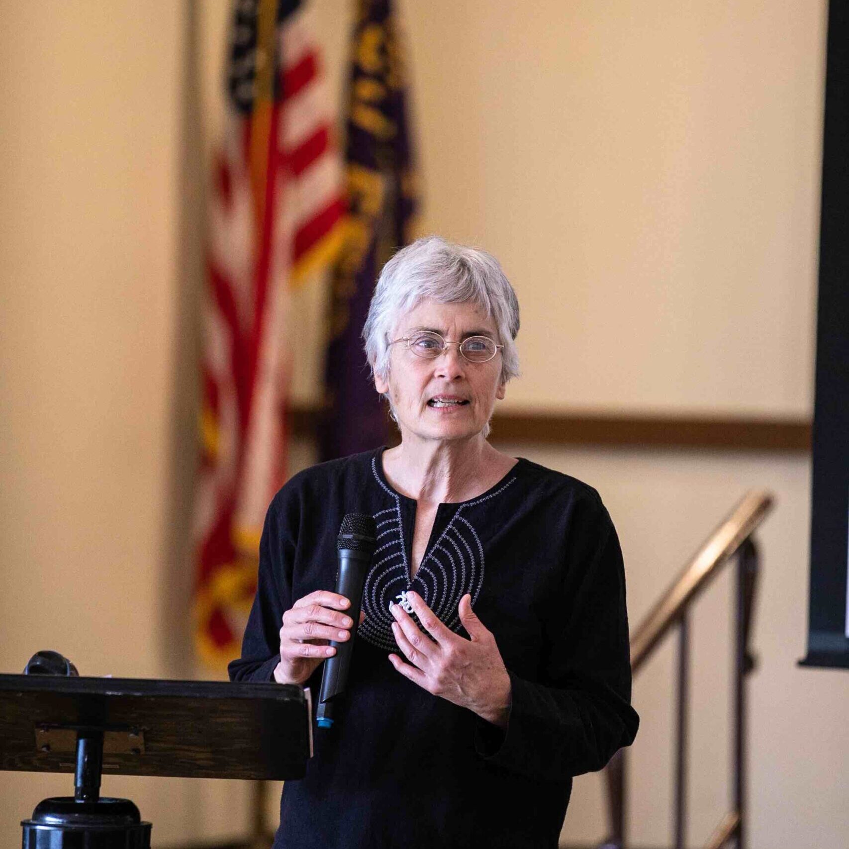 2019. Lizzie Krawczak photo. Riki speaking at 30th year memorial rally for Exxon Valdez oil spill in Seattle, WA.